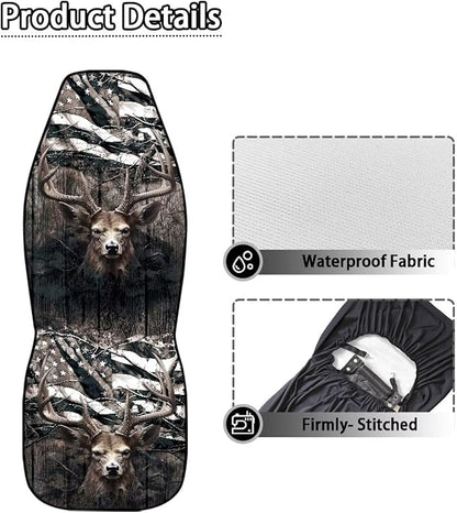 Car Seat Covers 2 Pcs, Waterproof Universal Camo American Flag Deer Hunter Front Seat Protector, Easy Installation Car Interior Accessories Universal for Cars Truck SUV Van