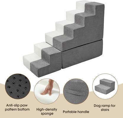 Dog Stairs for Bed 30''H Small Dogs, 6-Step Sturdy Foam Dog Steps for High Bed, Pet Stairs for Older Dogs/Cats/Puppy, Non-Slip Curved Pet Ramp Indoor, Removable Washable Cover, Grey