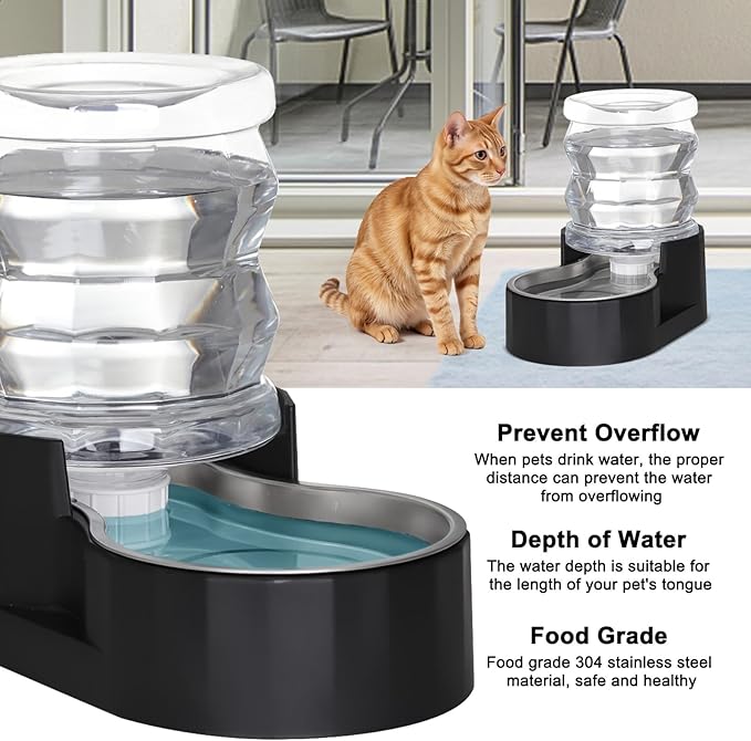 RIZZARI Automatic Gravity Pet Waterer Dispenser : 4L Black Stainless Steel Bowl Without Filter - Spill-Proof and Leak-Proof - Large Capacity Feeder for Dogs & Cats - Ideal for Kitchen or Hallway Use
