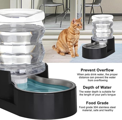 RIZZARI Automatic Gravity Pet Waterer Dispenser : 4L Black Stainless Steel Bowl Without Filter - Spill-Proof and Leak-Proof - Large Capacity Feeder for Dogs & Cats - Ideal for Kitchen or Hallway Use