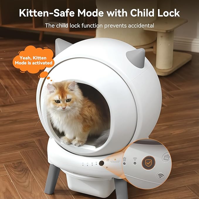Automatic Cat Litter Box - E2 Self Cleaning Litter Box Smart Robot for Multiple Cats, APP Real-Time Monitor, Weight Monitoring, Safe Anti-Pinch Liners and Mat Included（White）