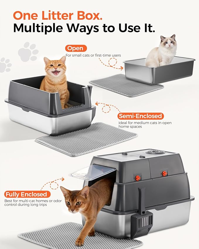 GTPLAYER XXL Stainless Steel Cat Litter Box with Lid, High Sided Enclosed Cat Litter Box, Activated Carbon Odor Control, Extra Large Metal Litter Box, Anti-Leak, with Mat & Scoop, Grey 2 Pack