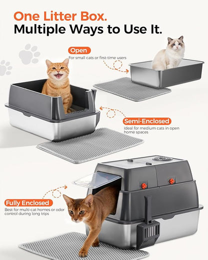 GTPLAYER XXL Stainless Steel Cat Litter Box with Lid, High Sided Enclosed Cat Litter Box, Activated Carbon Odor Control, Extra Large Metal Litter Box, Anti-Leak, with Mat & Scoop, Grey 2 Pack