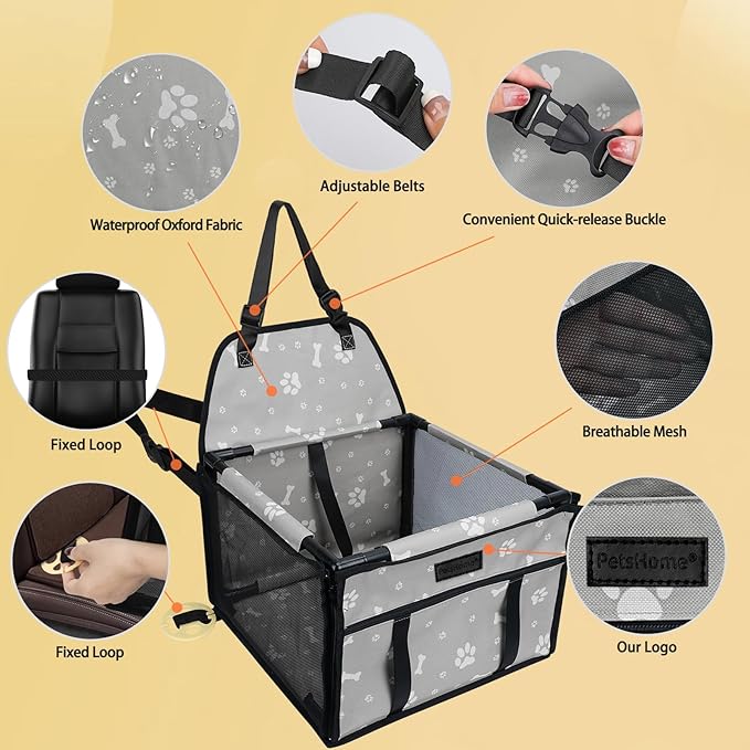 PetsHome Dog Car Seat Foldable Dog Car Booster Seat Waterproof Breathable Oxford Travel Bag for Small to Medium Dogs, Puppies, and Pets-Pattern Grey-Upgrade