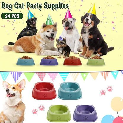 24 Pack Plastic Dog Bowls, 9 Oz Reusableb Bulk Pet Feeding Food Water Bowls, Colorful Puppy Dogs Birthday Party Supplies Food Dishes for Cat, Dog, 4 Colors