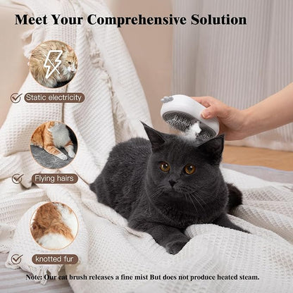 Cat Steam Brush for Shedding,Cat Brushes for Indoor Cats-3-in-1 Self-Cleaning Grooming Tool for Long & Short Haired Cats, Removes Loose Hair & Reduces Shedding,with One-click Cleaning Button (White)