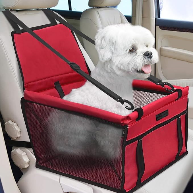 PetsHome Dog Car Seat Foldable Dog Car Booster Seat Waterproof Breathable Oxford Travel Bag for Small to Medium Dogs, Puppies, and Pets-Pure Red