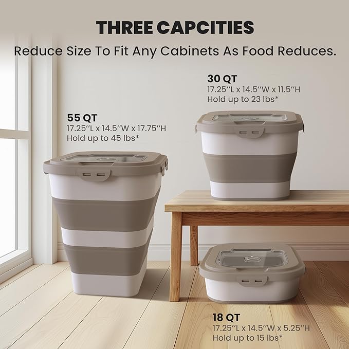 35-40 Lbs Airtight Dog Food Storage Container, Collapsible Dog Food Container with Lid, Wheels, Date Track, Large Pet food storage Container for Rice,Flour,Sugar,Dog Food Scoop,2PCS Containers