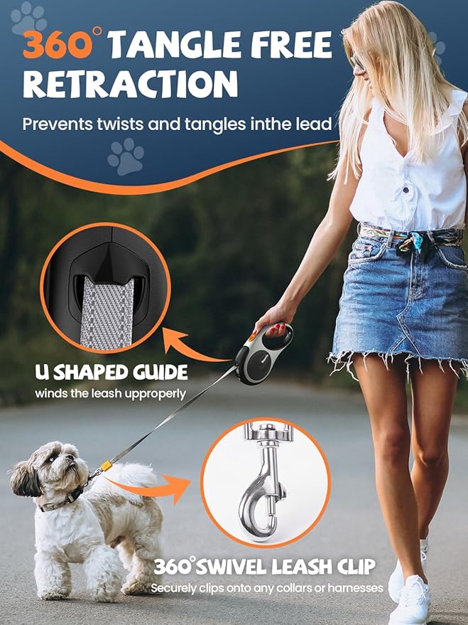 Retractable Dog Leash with LED Flashlight, Douexio Upgrade 3 in 1 Dog Leash Retractable for Small Medium Dogs Up to 66 lbs, 16ft, Anti-Slip Handle (Black-White)