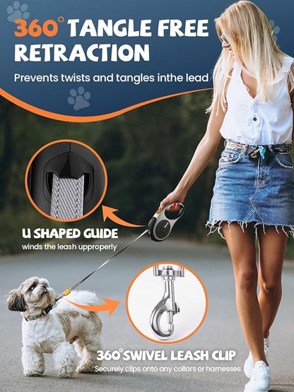 Retractable Dog Leash with LED Flashlight, Douexio Upgrade 3 in 1 Dog Leash Retractable for Small Medium Dogs Up to 66 lbs, 16ft, Anti-Slip Handle (Black-White)