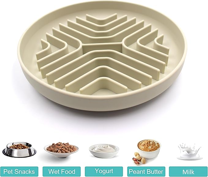 Slow Feeder Bowls for Dogs and Cats, 7.9inch Slow Down Bowl with Suction Cups, Puzzle Pet Bowls Non-Slip Design Dishwasher Microwave Safe (Beige)