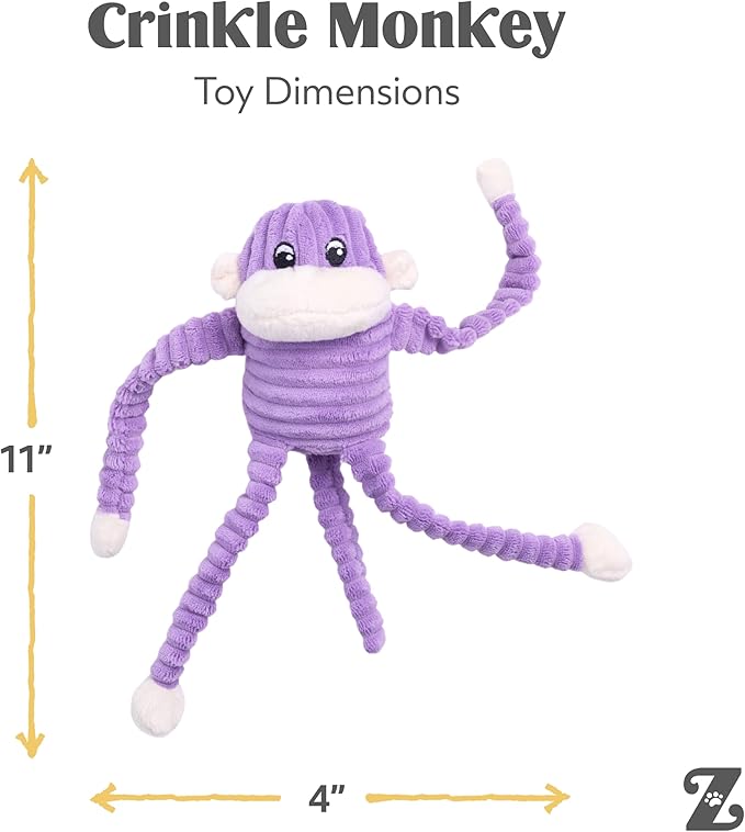 ZippyPaws Crinkle Monkey - Interactive Dog Toys to Keep Them Busy, Squeaky Plush Pet Toy for All Breeds, Small and Medium Dogs, Contains 1 Round Squeaker - Small, Purple