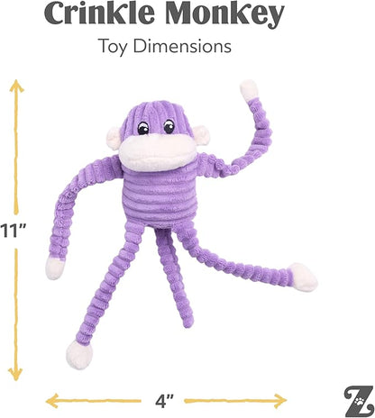 ZippyPaws Crinkle Monkey - Interactive Dog Toys to Keep Them Busy, Squeaky Plush Pet Toy for All Breeds, Small and Medium Dogs, Contains 1 Round Squeaker - Small, Purple
