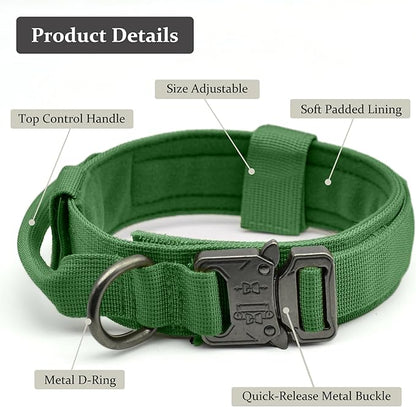 Tactical Dog Collar, Adjustable Military Training Nylon Dog Collar with Control Handle and Heavy Quick-Release Metal Buckle for Small Medium Large Dogs, Emerald Green XXL