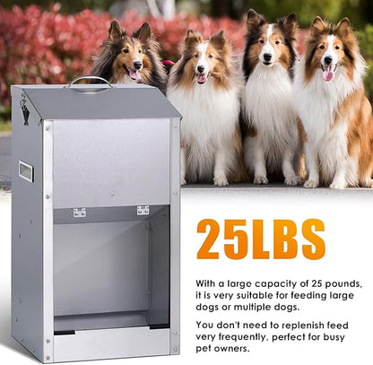 Automatic Dog Feeder Large Breed Outdoor Auto Dog Food Dispenser 25lbs Large Capacity Stainless Steel Gravity Pet Feeder Feeding Station Pet Dry Food Dispenser (M)
