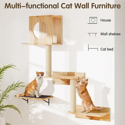 Wall Mounted Cat Tree 47” Tall, Cat Activity Tree Tower Set: Scratching Post, Climbing Step and Interior Bed Area, Wooden Handcrafed Cats Wall Shelves for Sleeping Playing Lounging Perching