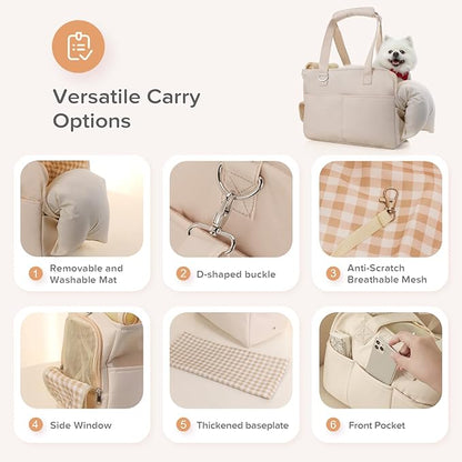 Dog Purse Carrier for Small Dogs & Puppies Up 12 Lbs, Soft Cotton Tote Pet Shoulder Bag with Pockets, Foldable & Washable Breathable Puppy Carrier for Yorkie, Chihuahua & Cats - Beige
