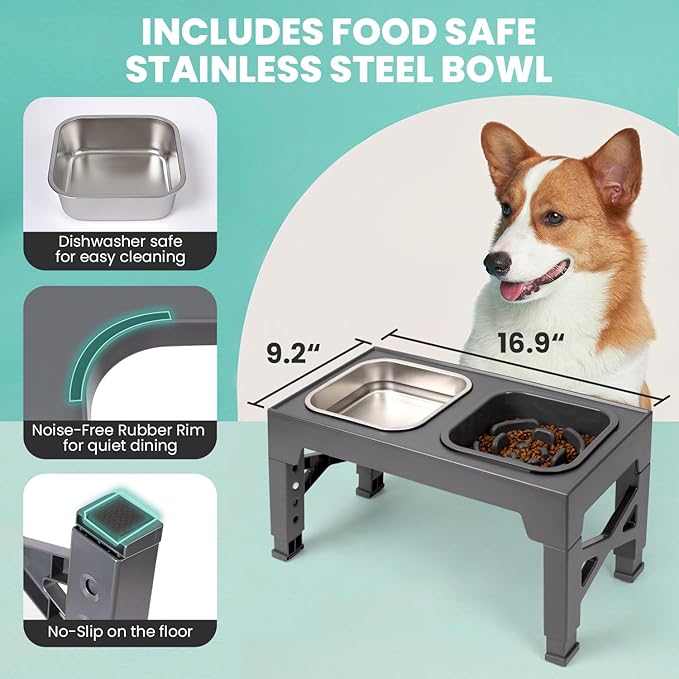 Niubya Elevated Dog Bowls, with Slow Feeder Bowl and Stainless Steel Dog Food Bowl, Raised Dog Bowls Adjusts to 5 Heights (3.15", 8.66", 9.84",11.02", 12.2") for Small Medium and Large Dogs