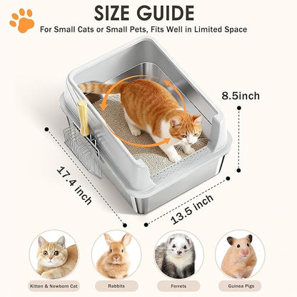 Stainless Steel Litter Box with Lid: Metal Cat Litter Box for Small Cats with Scoop, High Sided Kitty Litter Pan Tray, 17.4'' x 13.5'' x 8.5'',Non-Stick, Anti-Leakage, Easy Cleaning (Light Gray)