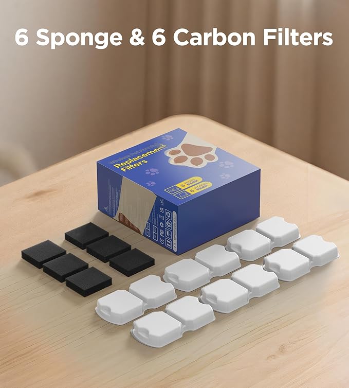 Cat Water Fountain Filter Replacement: 6Pack Pet Fountain Filters of 6 Carbon Filters & 6 Sponges - Use for HOOISE 74oz Automatic Pet Fountain Cat Water Dispenser S15