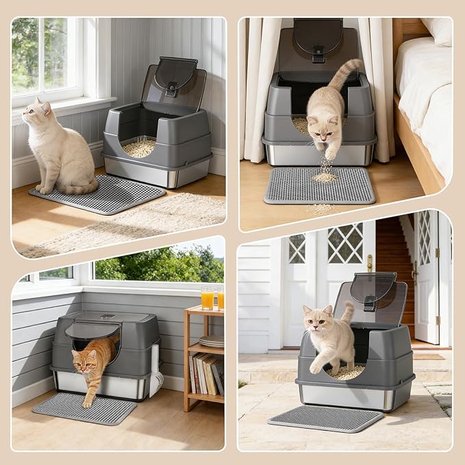 Stainless Steel Litter Box with Lid, Side Entry Large Enclosed Cat Litterbox for Kitty & Multi-Cat, Flip Cover Easy to Clean, High Sided Metal Cat Litter Pan with Scoop, Mat, Anti-Leakage, Non-Sticky