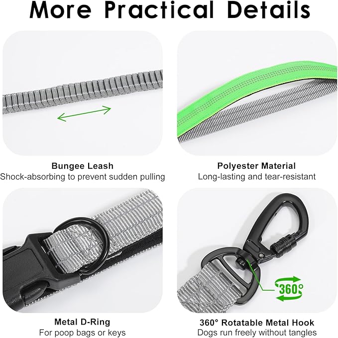 Hands Free Dog Leash, 8.2 FT Waist Leash for Walking, Jogging, Hiking, Adjustable Crossbody Belt with Double Padded Handles, Bungee Car Seatbelt Design for Medium Large Dogs, Gray + Green