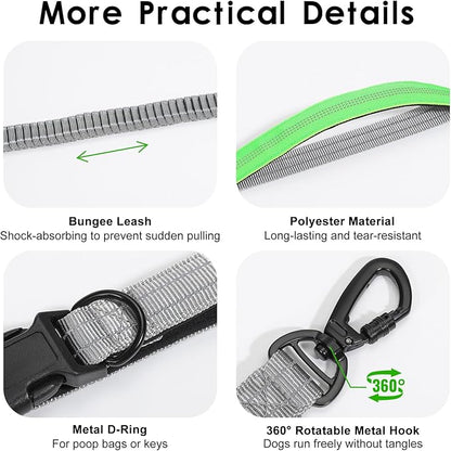 Hands Free Dog Leash, 8.2 FT Waist Leash for Walking, Jogging, Hiking, Adjustable Crossbody Belt with Double Padded Handles, Bungee Car Seatbelt Design for Medium Large Dogs, Gray + Green