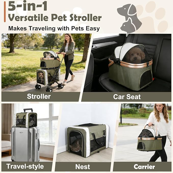 Double Pet Stroller for Dogs and Cats: Dog Stroller Foldable Travel Carriage with Detachable Carriers, Safety Belts, and 4 Lockable Wheels for Small to Medium Pets – Ideal for Multi-Pet Homes (Green)