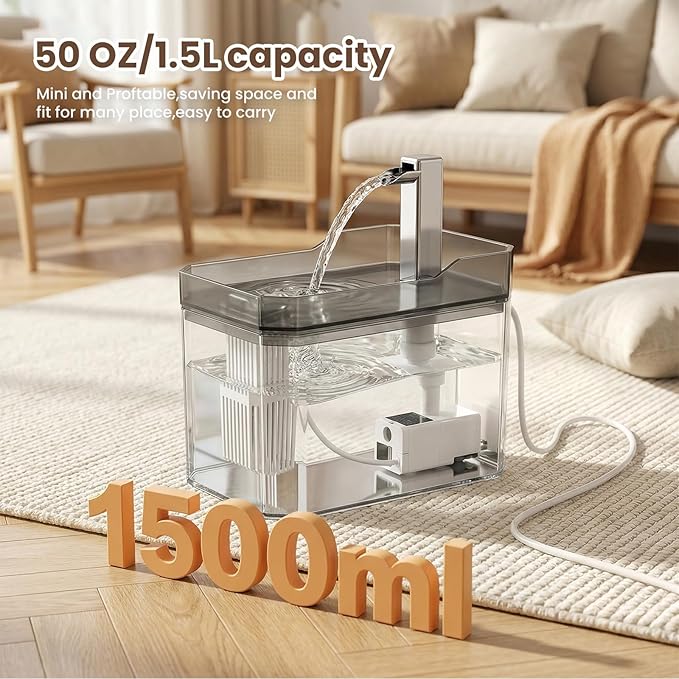 Cute Automatic Small Cat Water Fountain,1.5L Transparent Detachable Tank,Quiet Pump & LED Light,Easy to Clean & Assemble,Portable Mini Pet Dog Fountain Drinker Ideal for Car,Indoor,Travel,Gift