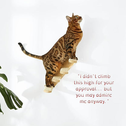 Wall-Mounted Cat Stairs, 4-Step Pine Wood Cat Ladder with Sisal Rope, Space-Saving Climbing Solution for Cats