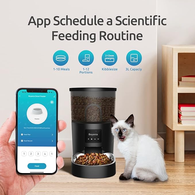 Boyarca Automatic Cat Feeders with App,WiFi Tuya Smart Automatic Pet Feeder with Timer Auto Dry Food Dispenser for Cats and Small Dogs,1-10 Meals/Day,1-12 Portions/Meal,3L