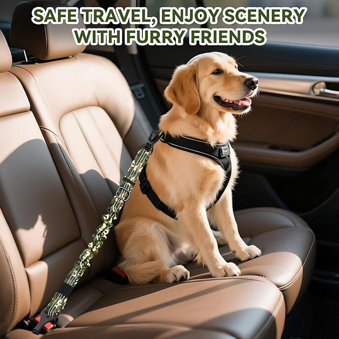 Pawaboo Dog Car Seat Belt– Reflective & Adjustable Dogs Cars Harness Leash with 360° Lockable Buckle, Shockproof Dogs Tether Bungee for Safe Travel, Army Green Camouflage