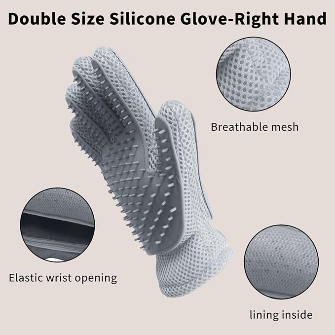 2 in 1 Pet Grooming Gloves - Cat and Dog Glove Brush, High Efficiency Pet Hair Removal Massage Glove, Clean Hair on Both Sides (Grey /1 Piece)