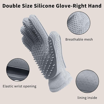 2 in 1 Pet Grooming Gloves - Cat and Dog Glove Brush, High Efficiency Pet Hair Removal Massage Glove, Clean Hair on Both Sides (Grey /1 Piece)