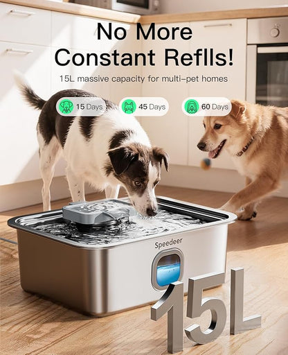 4Gal/15L Dog Water Fountain for Large Dogs, Stainless Steel Large Pet Drinking Fountain, Automatic Dog Water Bowl Dispenser with Deeper & Wider Drinking Area, Multi-Filtration, Ultra-Quiet