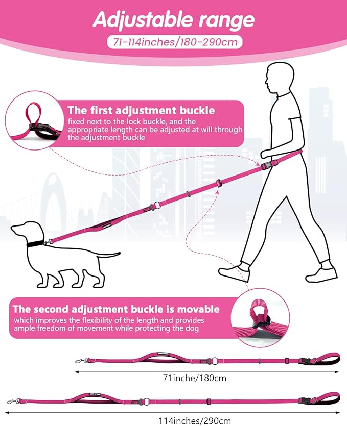 Hands Free Dog Leash & Car Seatbelt, 5.9-9.5ft Crossbody Dog Belt with Dual Soft Handles, Shock-Absorbing, 360° Clip, Reflective Design for Walking, Running, Hiking, Travel. (Rosered)