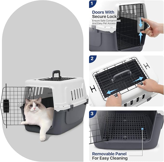 22 Inch Hard-Sided Plastic Dog Carrier 2 Door Travel Crate for Small Dogs Cats up to 22 lbs, Durable Handle, Security Lock Design, Gray