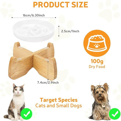Raised Slow Feeder Cat Bowl with Stand, 6.3'' Wide Ceramic Elevated Shallow Slow Eating Cat Bowl for Dry/Wet Food, Anti-Vomiting Pet Puzzle Feeder, Whisker Friendly, Dishwasher Safe (White)