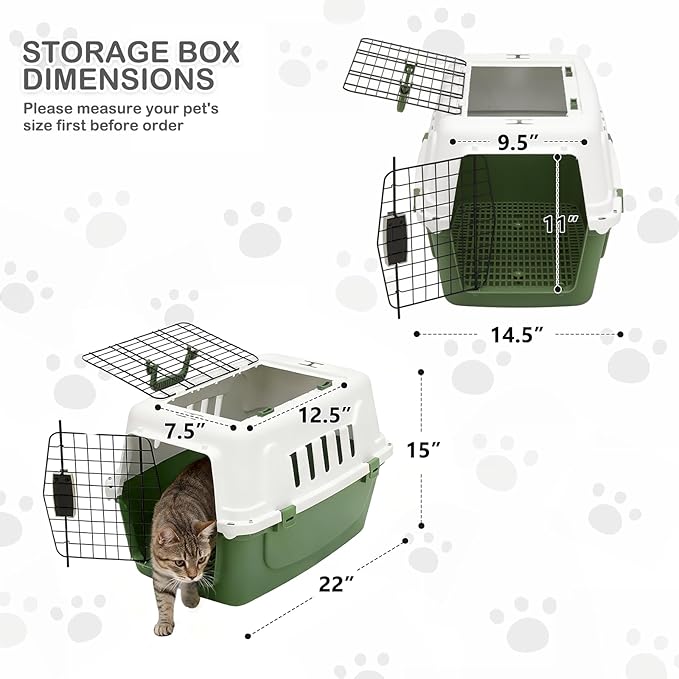 MoNiBloom 18-Inch 2-Door Top Loading Cat Carrier, Plastic Dog Crate Hard-Sided Dog Travel Carrier for Small Dogs and Cats, Ventilation and Security Lock Design for Pets up to 10 lbs (Green)