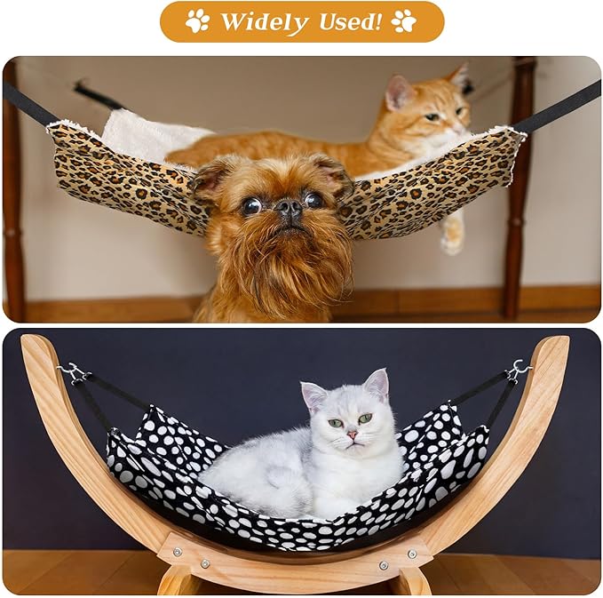 Jetec 2 Pieces Reversible Cat Hanging Hammock Soft Breathable Pet Cage Hammock with Adjustable Straps and Metal Hooks Double Sided Hanging Bed for Small Dogs Rabbits(Leopard and Dot,M)