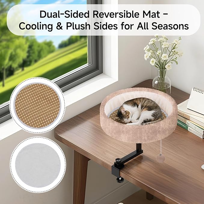 Cat Desk Bed - 360° Rotating & Adjustable, Supports 50 lbs, Soft Faux Fur with Dual-Sided Reversible Mat, Modern Indoor Cat Nest Furniture for Office Desks and Game Tables, Island Table