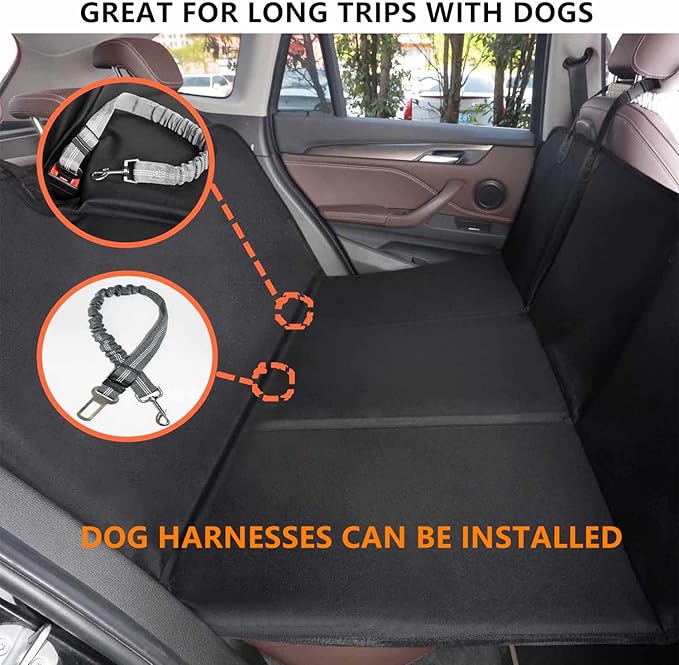 BORKIN Back Seat Extender for Dogs, Hard Bottom Dog Car Seat Cover with AC mesh Vent, Waterproof Dog Backseat Cover for Car, Foldable Dog Hammock for Car Travel