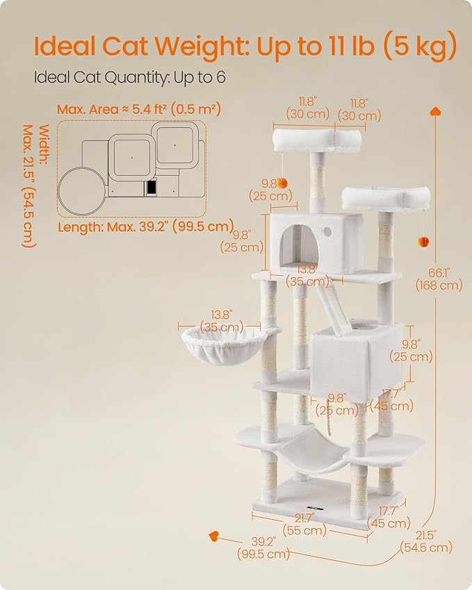 Feandrea Cat Tree, 66.1-Inch Large Cat Tower, Multi-Level Plush Condo with 13 Scratching Posts, 2 Perches, 2 Caves, Basket, Hammock, Pompoms, Cream White UPCT165T01
