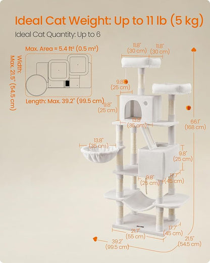 Feandrea Cat Tree, 66.1-Inch Large Cat Tower, Multi-Level Plush Condo with 13 Scratching Posts, 2 Perches, 2 Caves, Basket, Hammock, Pompoms, Cream White UPCT165T01
