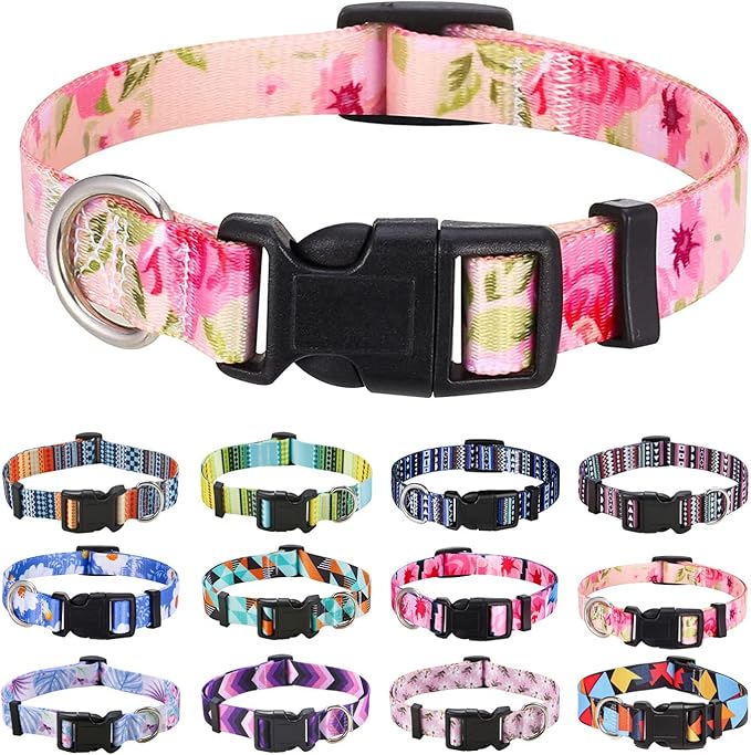 Dog Collar with Bohemia Floral Tribal Geometric Patterns - Soft Ethnic Style Collar Adjustable for Small Medium Large Dogs (Pink Rose, S)