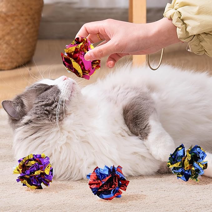 Andiker 20PCS Cat Crinkle Balls, 2.16 Inches Cat Balls with Polyester Film Thick Crinkle Paper Sturdy Interactive Cat Toys for Indoor Cats Reducing Boredom and Keep Fit for Cats and Kitten (Colorful)