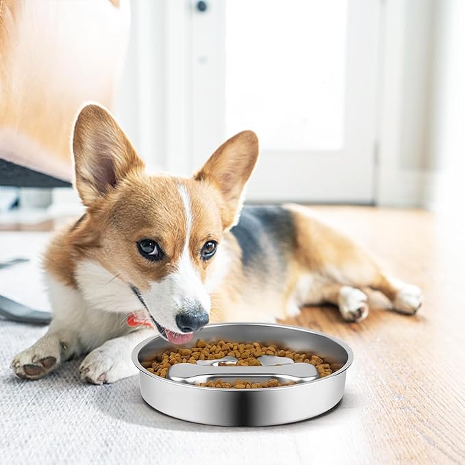 Stainless Steel Slow Feeder Dog Bowls,Slow Food Bowl for Dog & Cat - 2 Cups Capacity,Bone-Shaped Design Pet Food Holder,Metal Non-Slip Lick Plate,Puzzle Maze Dish for Small Sized Breeds