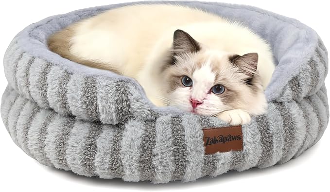 Cat Bed Kitten Bed - Washable Round Cat Beds for Indoor Cats, Soft Corduroy Fleece Pet Bed for Puppy and Kitten with Removable Double Sided Inner Cousion, 20", Grey
