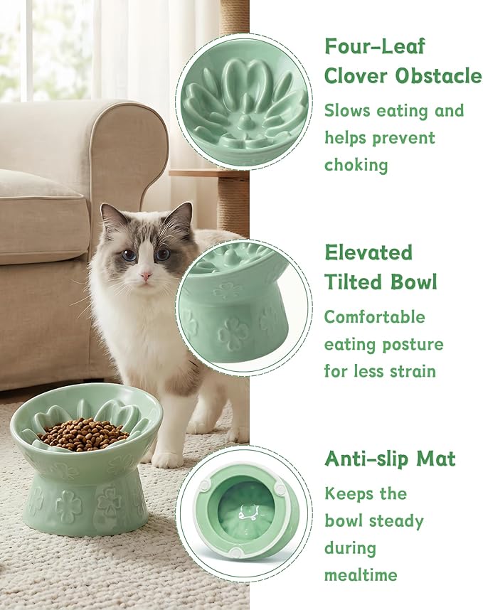 TRUVIC Ceramic Slow Feeder Cat Bowl, 15° Tilted Elevated Cat Slow Eating Bowl for Neck Protection, Anti Vomiting Dog Slow Feeder, Whisker Friendly & No Black Chin for Cats and Small Dogs, Green