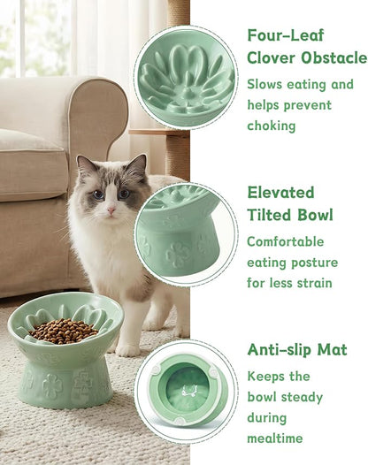TRUVIC Ceramic Slow Feeder Cat Bowl, 15° Tilted Elevated Cat Slow Eating Bowl for Neck Protection, Anti Vomiting Dog Slow Feeder, Whisker Friendly & No Black Chin for Cats and Small Dogs, Green
